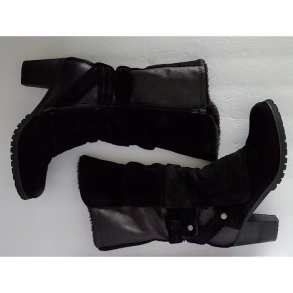 Baretraps Black Faux Fur Lined Suede/Leather Mid-Calf Block Heel Boot Sz 8 Moto - Picture 4 of 11